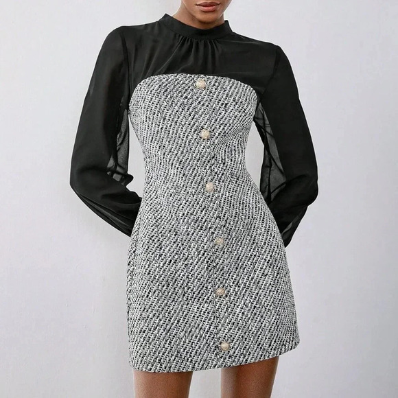 Black Elegant Women's Button Decor Chiffon Patchwork Lantern Sleeve Dress - Picture 1 of 6